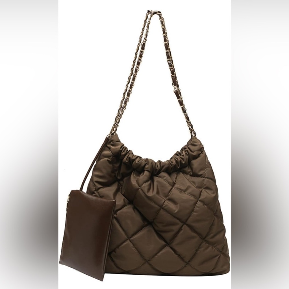 NWOT, Women’s Chocolate Brown Quilted Puffer Tote with Gold Chain & Coin Purse